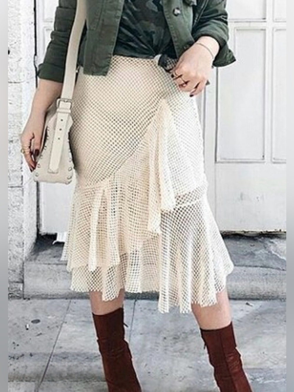 Zara Cream Mesh Ruffle Lined Midi Skirt Sz S